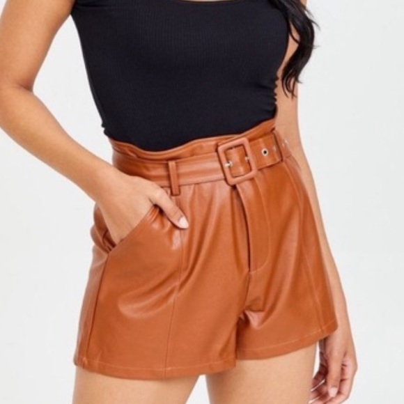 Altar'd State Camel Brown Belted High Rise Faux Leather Shorts - Medium - Picture 2 of 4